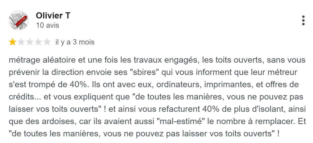 avis 1 étoile de olivier sur bp innov le mans