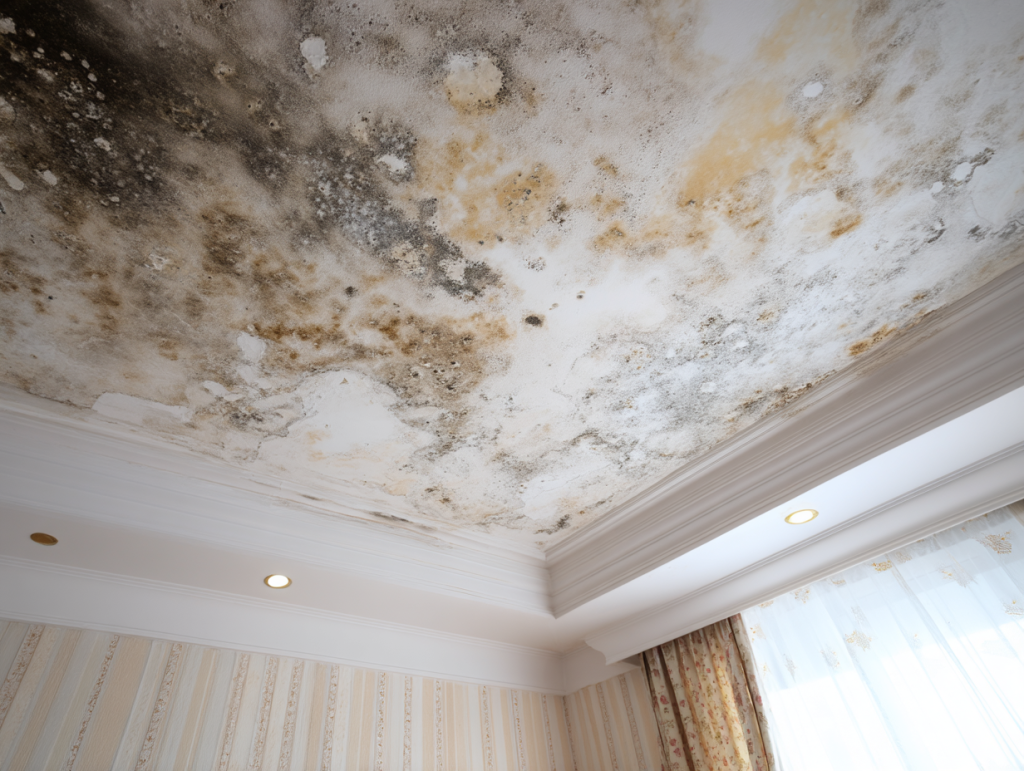 trace de moisissure au plafond suite à des infiltrations au niveau de la toiture